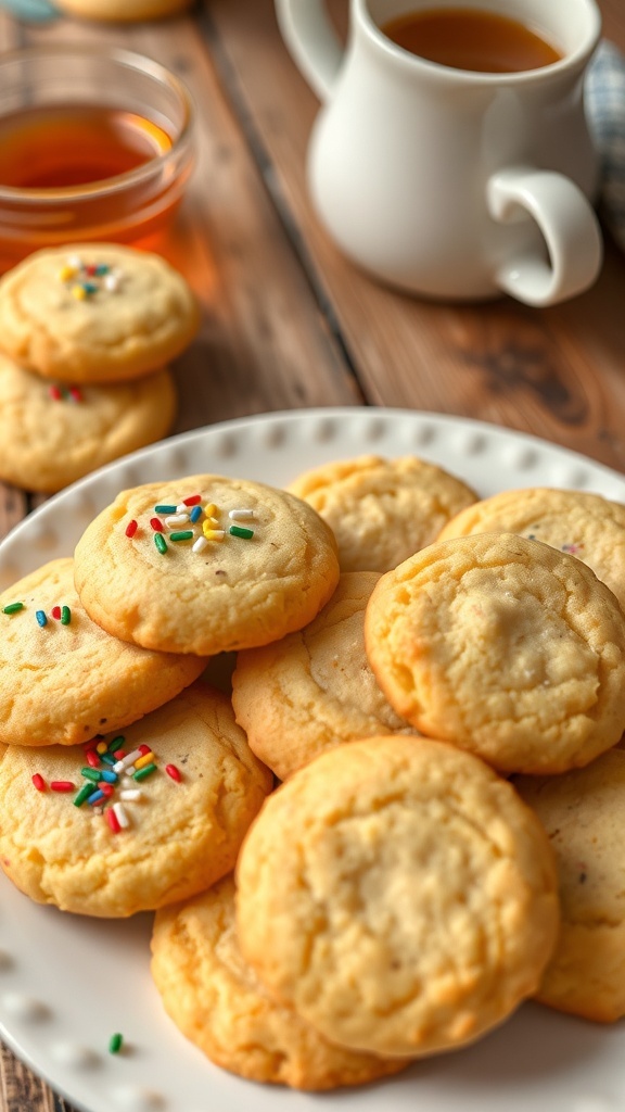 A plate of golden butter cookies with sprinkles, set on a rustic kitchen table with a cup of tea.